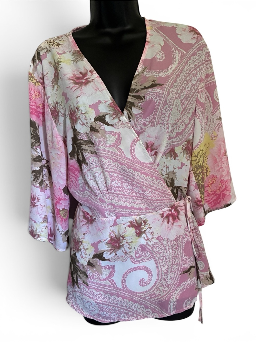 Y2K Fairycore Coquette Cottagecore Floral Pink Paisley Faux Wrap Kimono Top Sz M